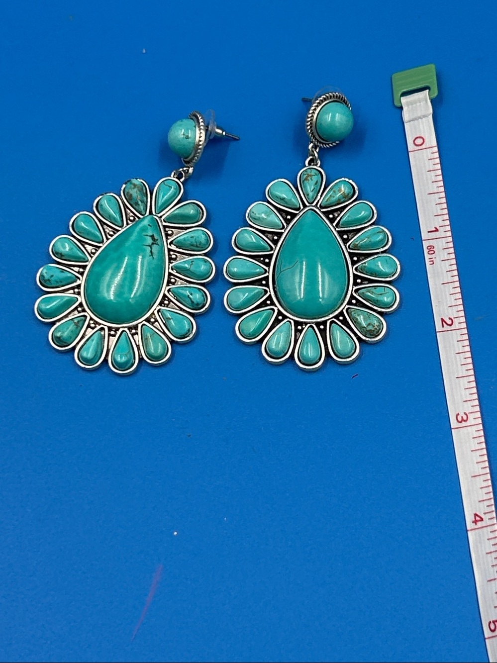 Turquoise Teardrop Sunburst Earrings - Silver Accent - Picture 2 of 3